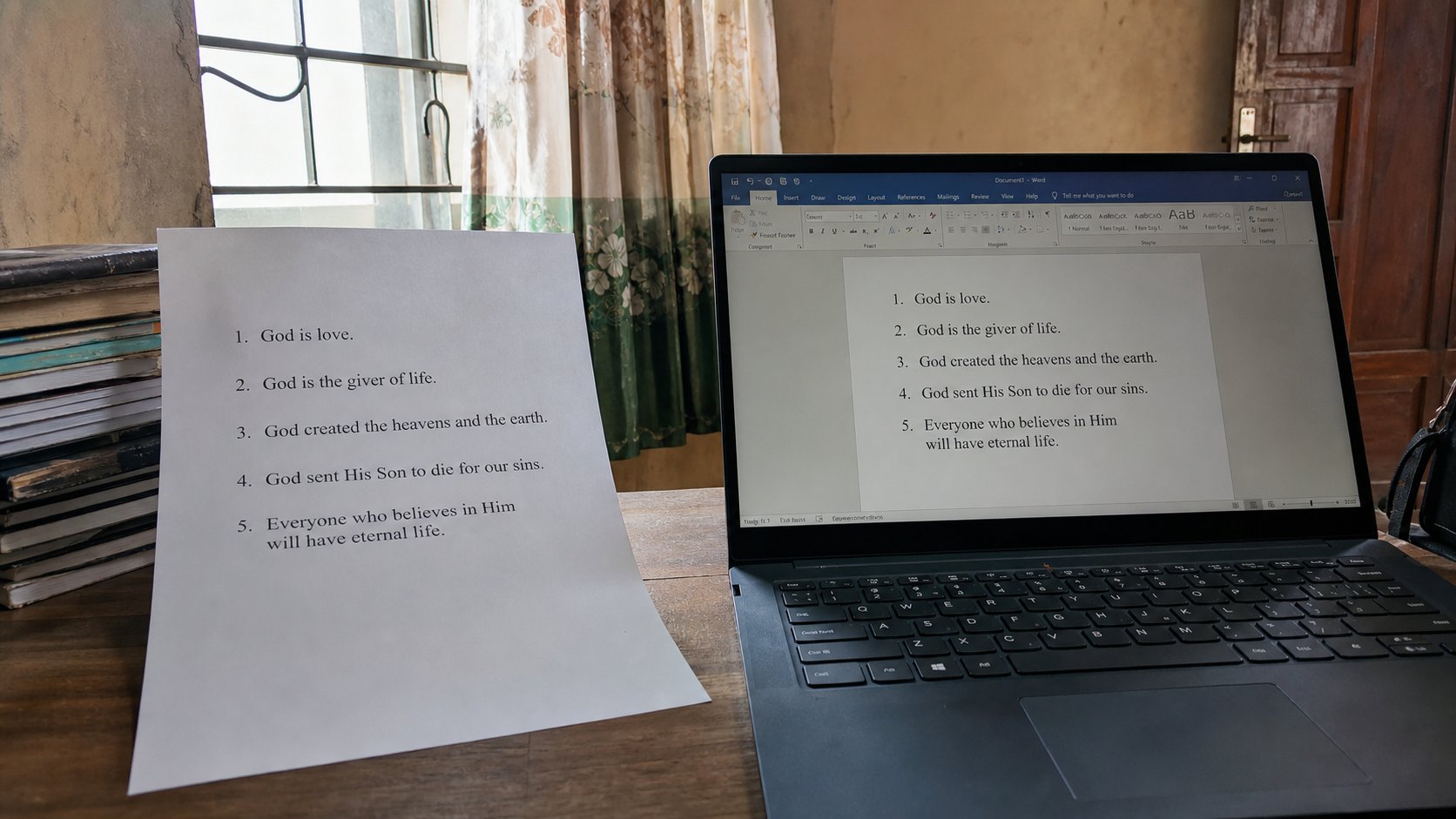 A numbered list on paper beside the same list on a laptop.