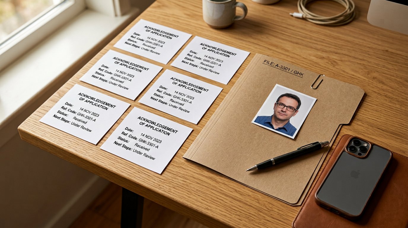 A desk with printed acknowledgement slips and a passport photograph resting on a folder of documents.