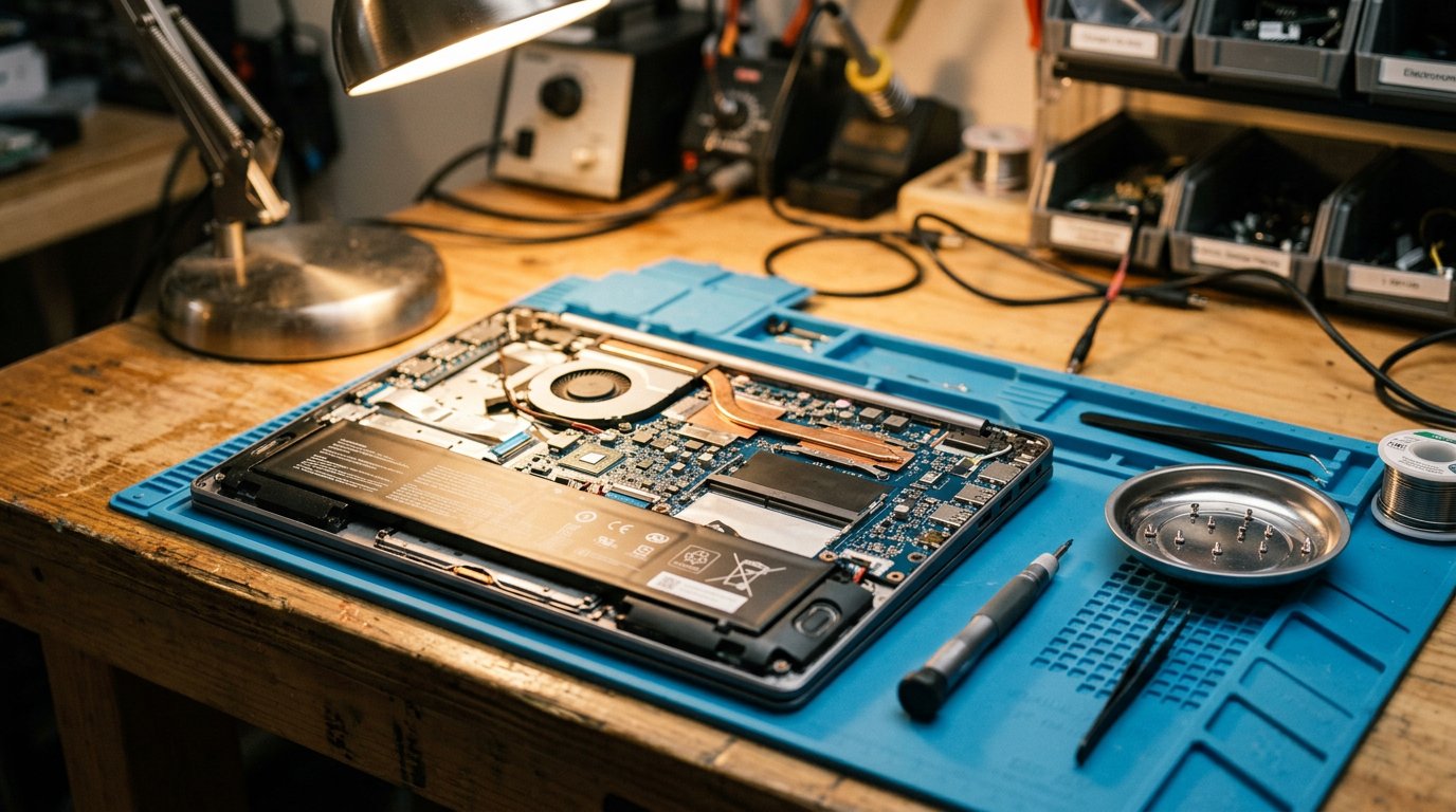 An opened laptop on a workbench, its parts exposed under a desk lamp, tools laid out neatly.