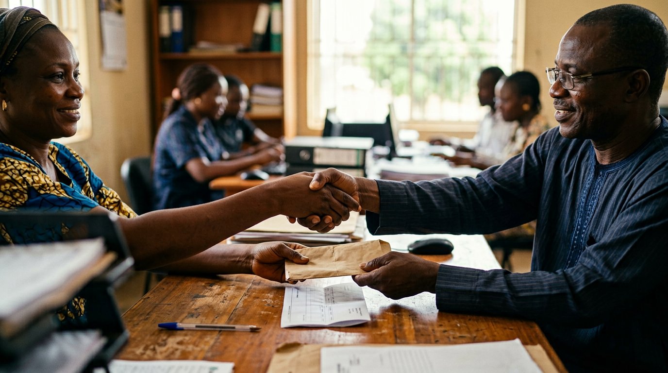 An envelope of naira notes and a written payslip being handed across a desk, a handshake above them.