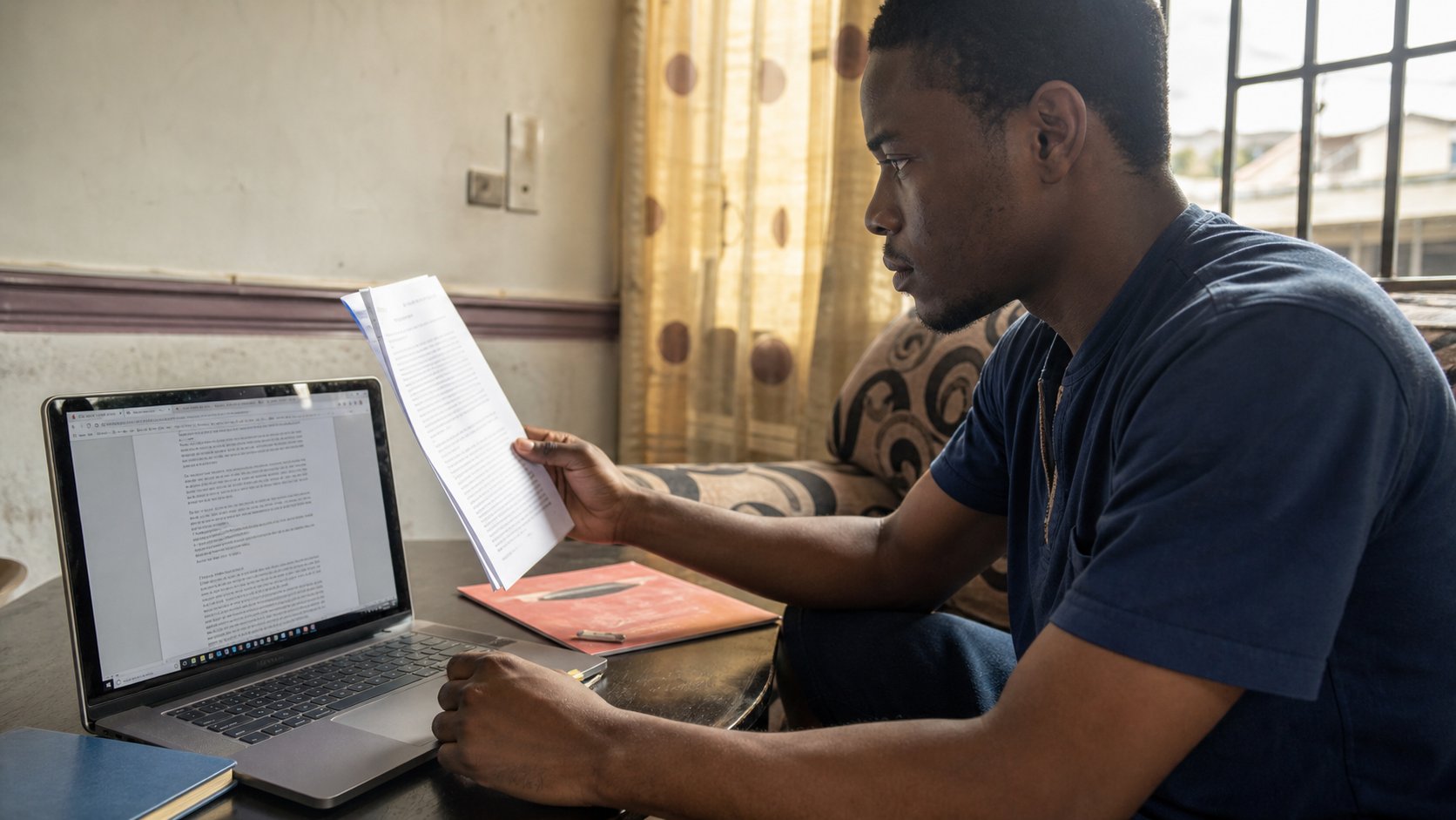 A young man comparing a printed page with a PDF on a laptop.
