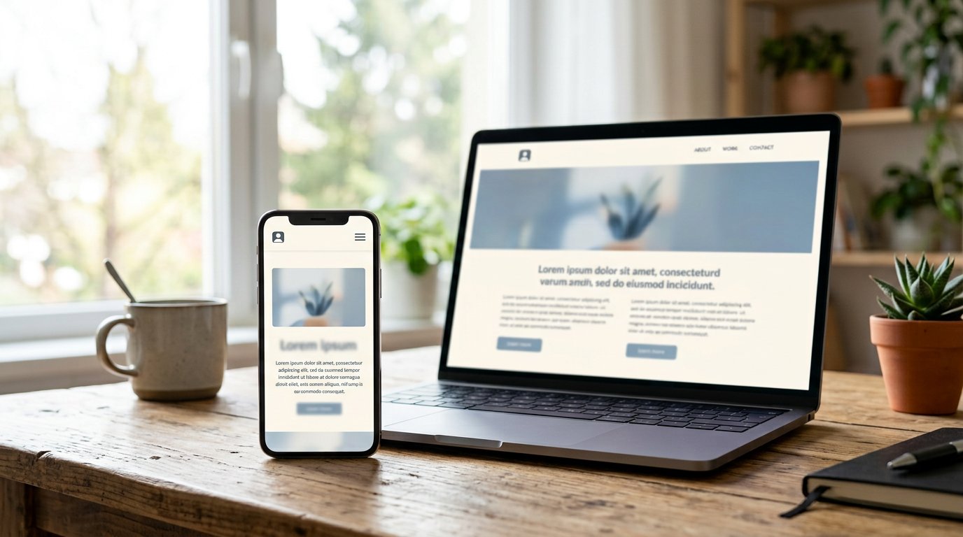 A phone and a laptop on a desk showing the same webpage arranged differently for each screen.