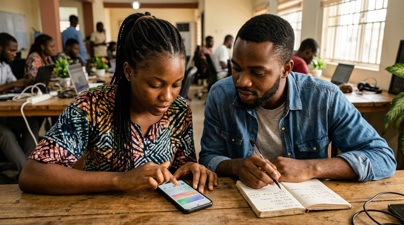A young tester tapping through a new app on a phone while the developer watches and takes notes.