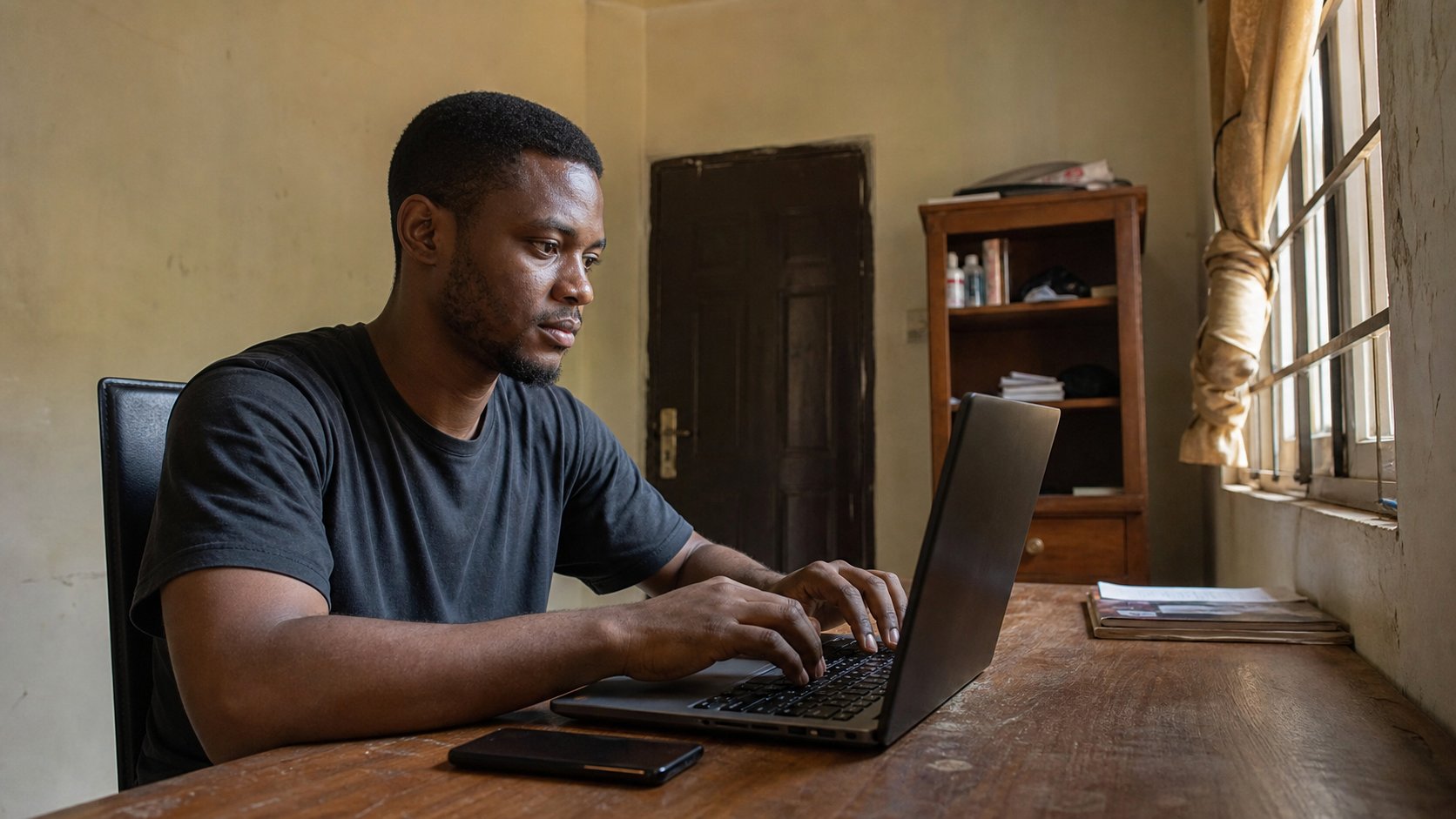 A laptop in use with a phone on the same wooden desk.