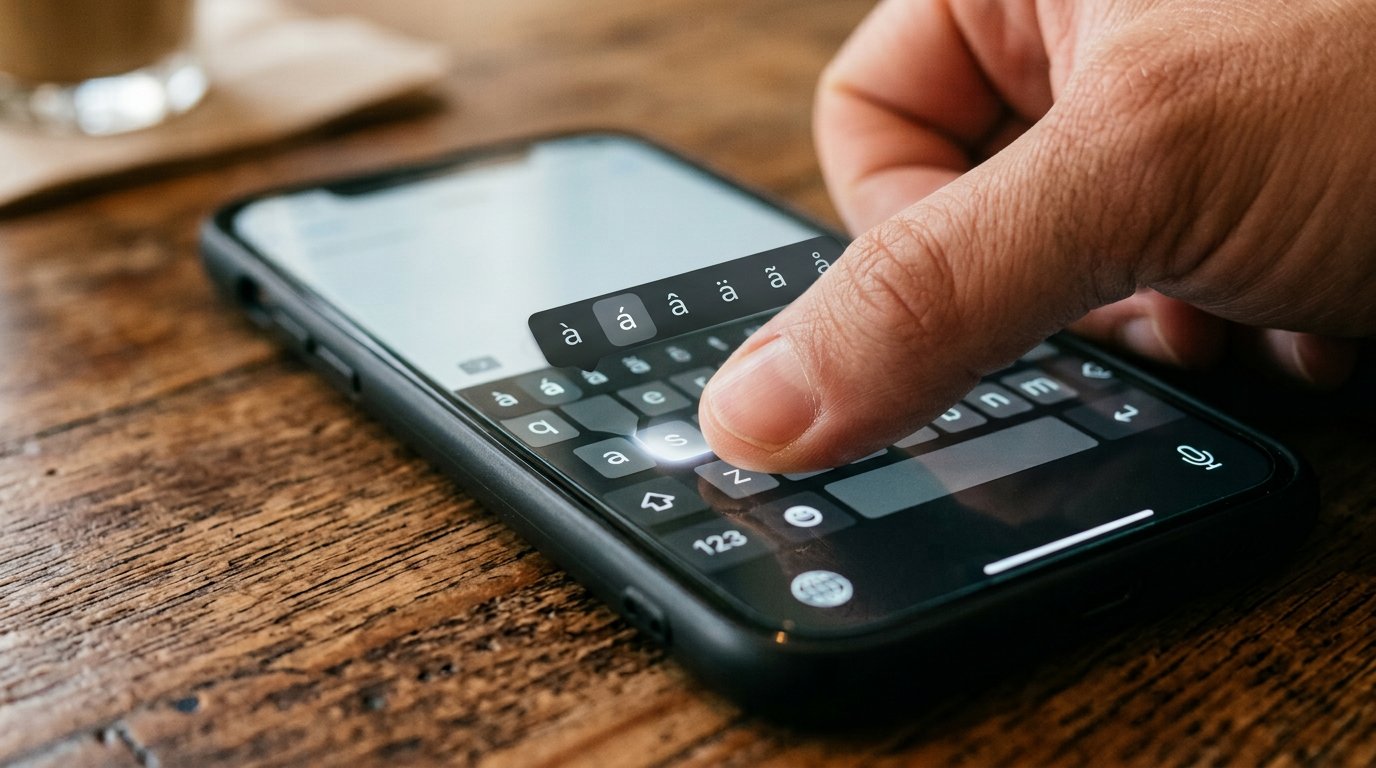 A thumb long-pressing a letter on a phone keyboard while a small row of options appears above it.