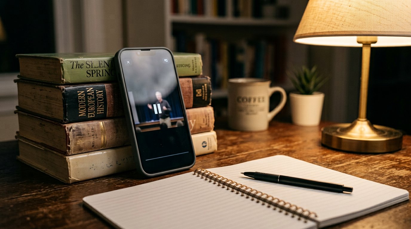 A phone propped against a book showing a paused lesson video, a notebook and pen in front of it.