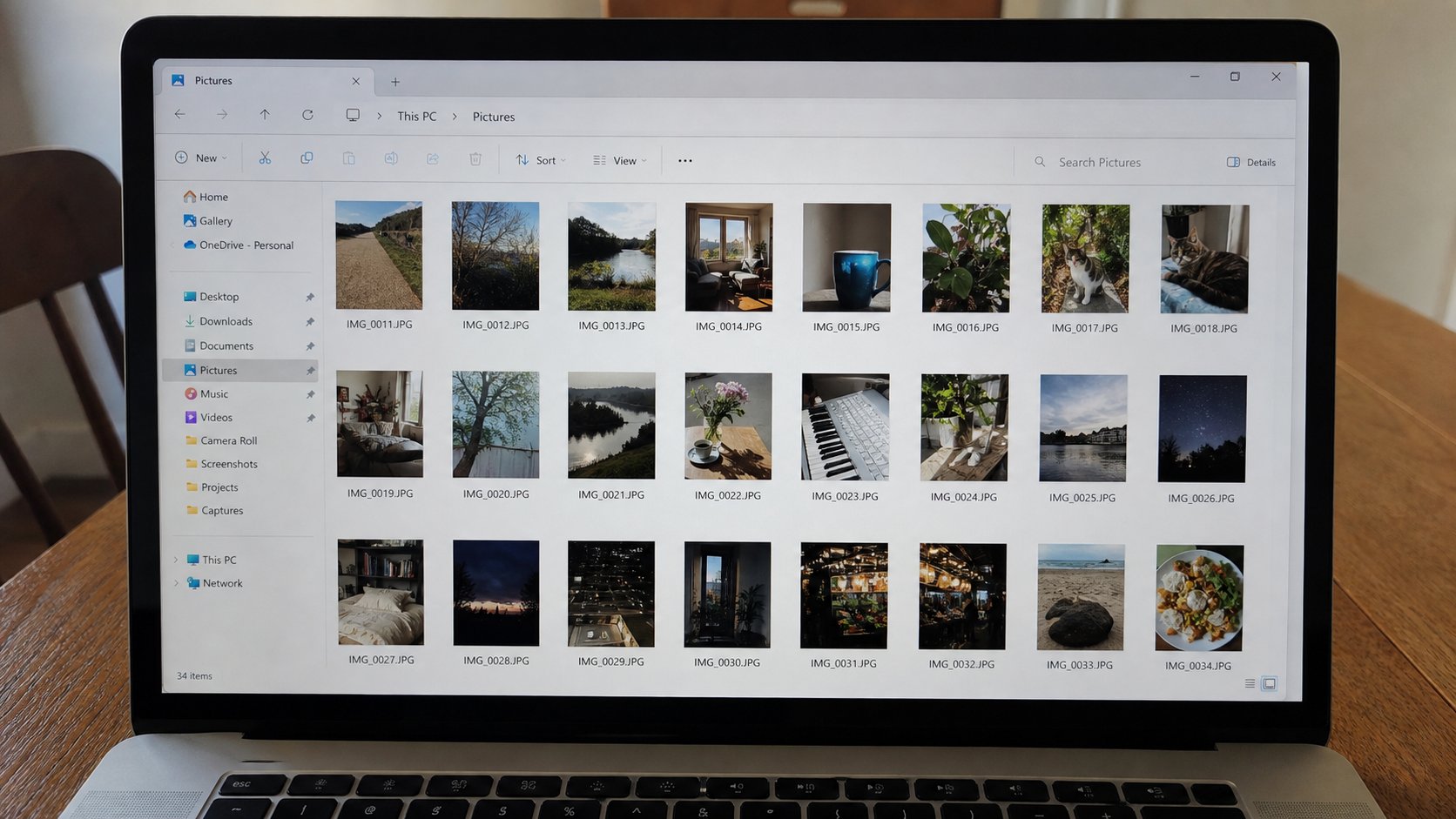 A Pictures folder on a laptop, with photo thumbnails visible.