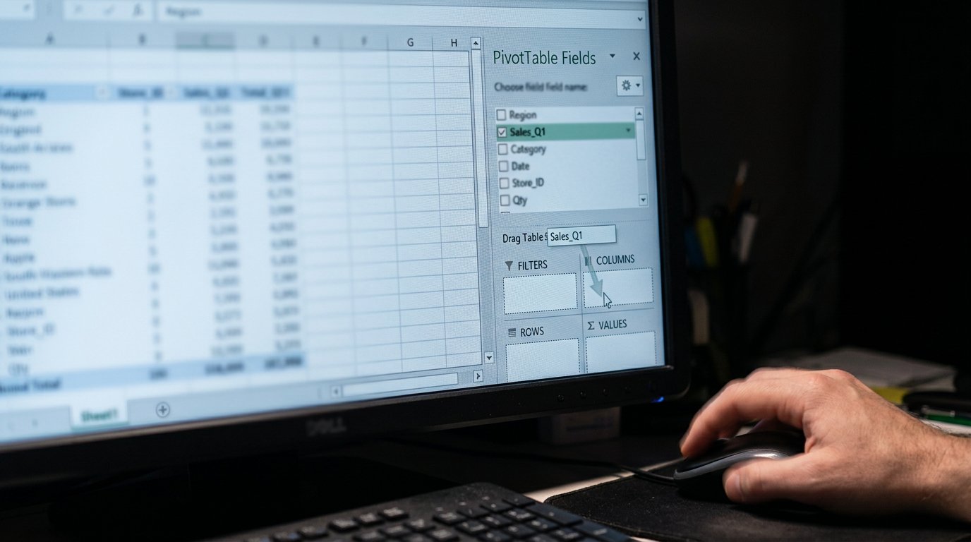 A close view of a pivot panel on screen, a field being dragged from a list into the Rows tray.