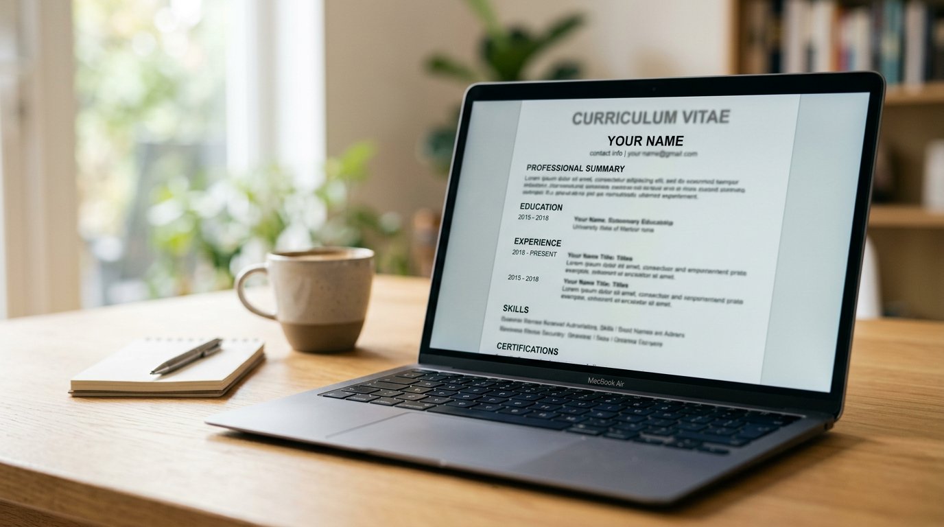 A laptop showing a clean one-column CV with plain headings and clear date lines.