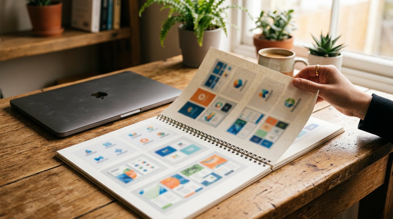 A printed portfolio open on a table, showing pages of branding and flyer designs in a neat grid.