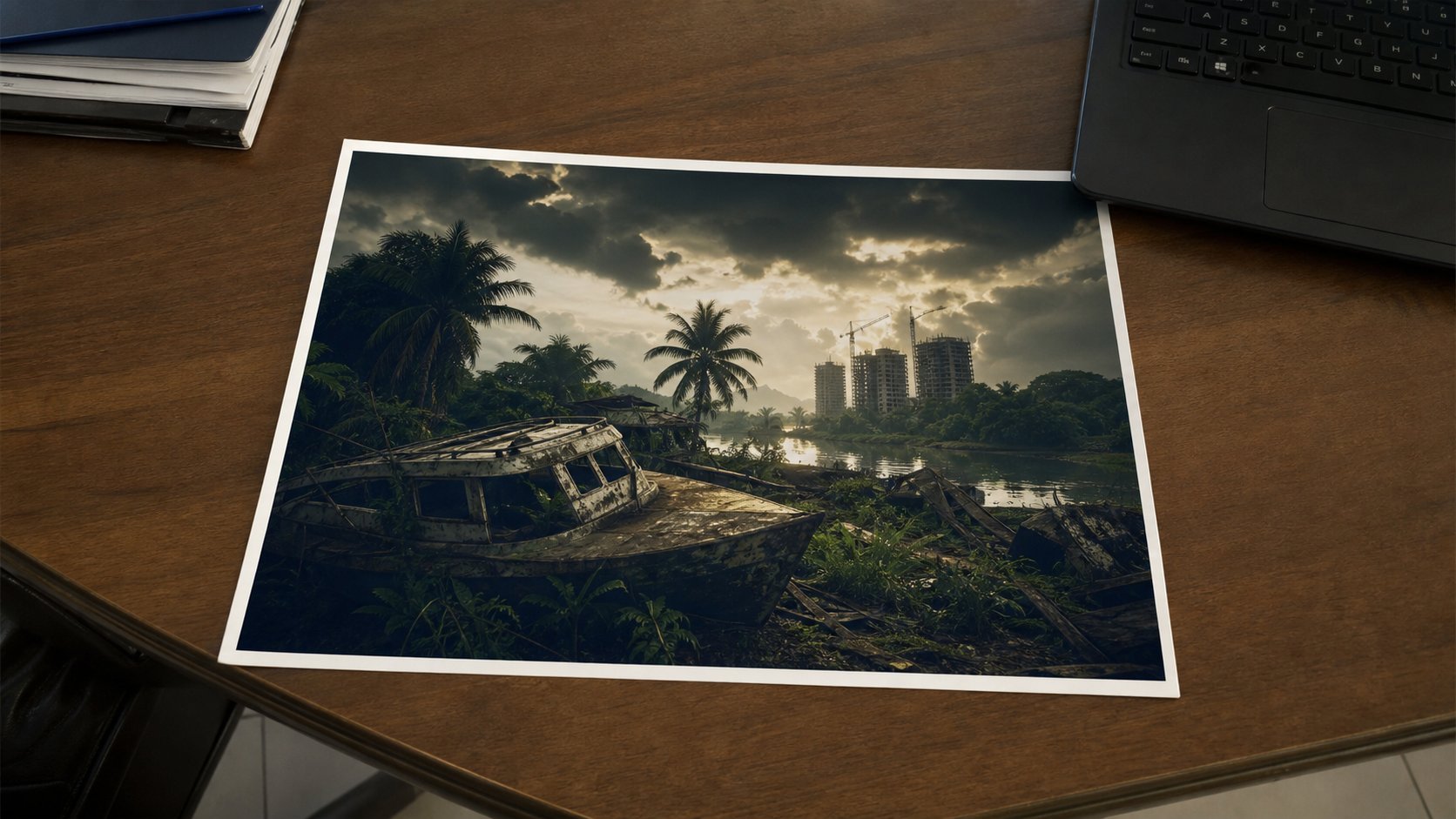 A printed A4 poster on a desk beside a laptop.