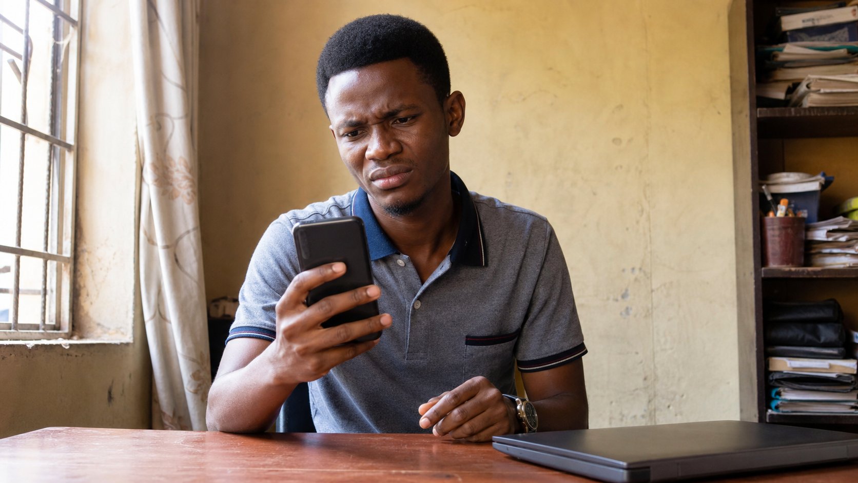 A learner looking skeptically at a phone message.