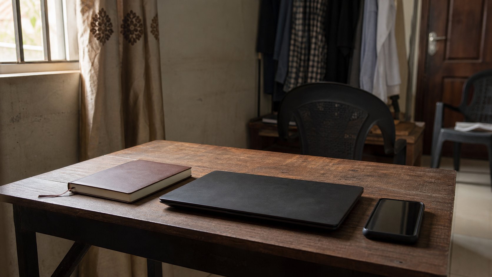 A quiet desk: dark phone, laptop, closed notebook.