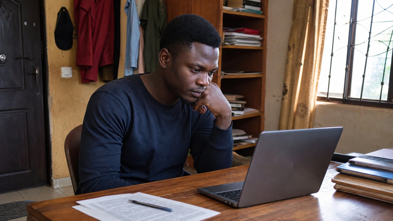 A learner reading a letter on a laptop, a printed draft beside him.