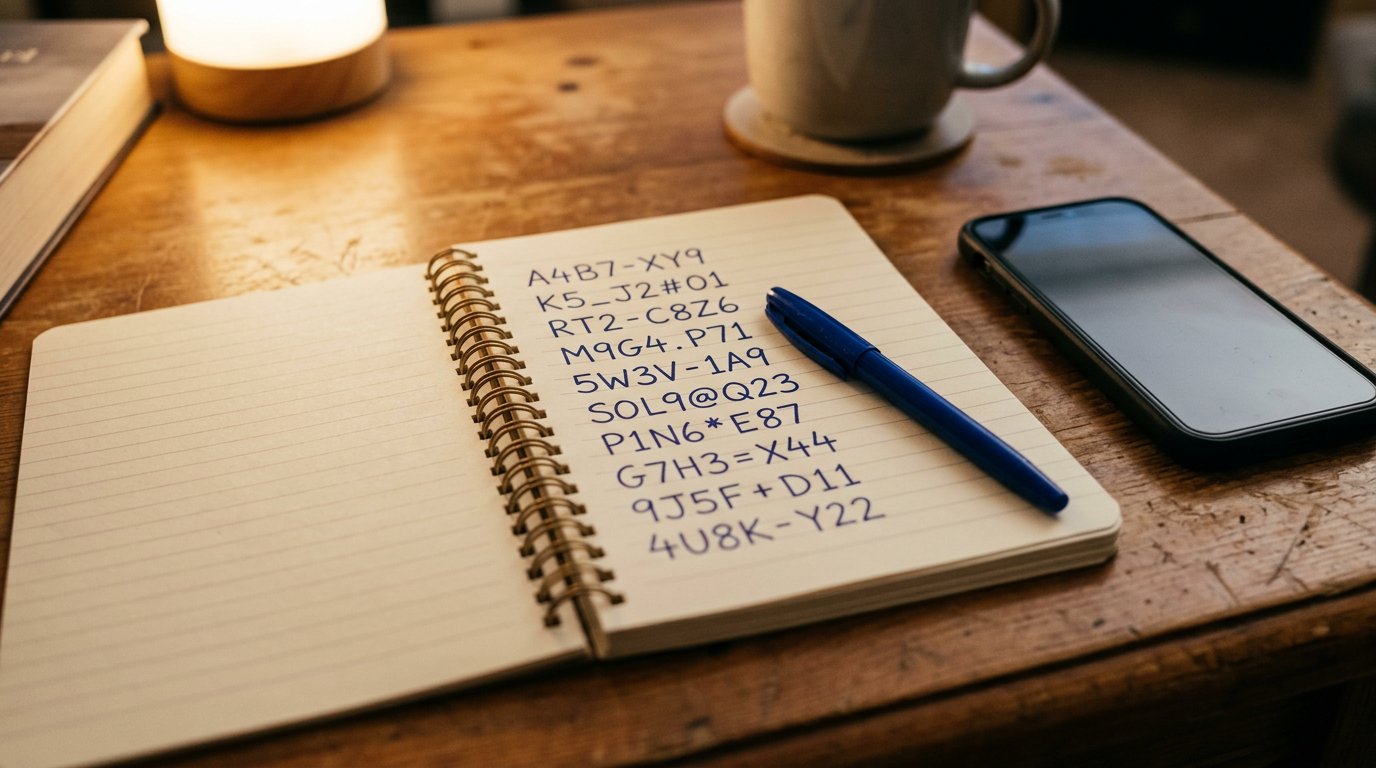 A small notebook beside a phone, with ten one-use recovery codes written by hand.