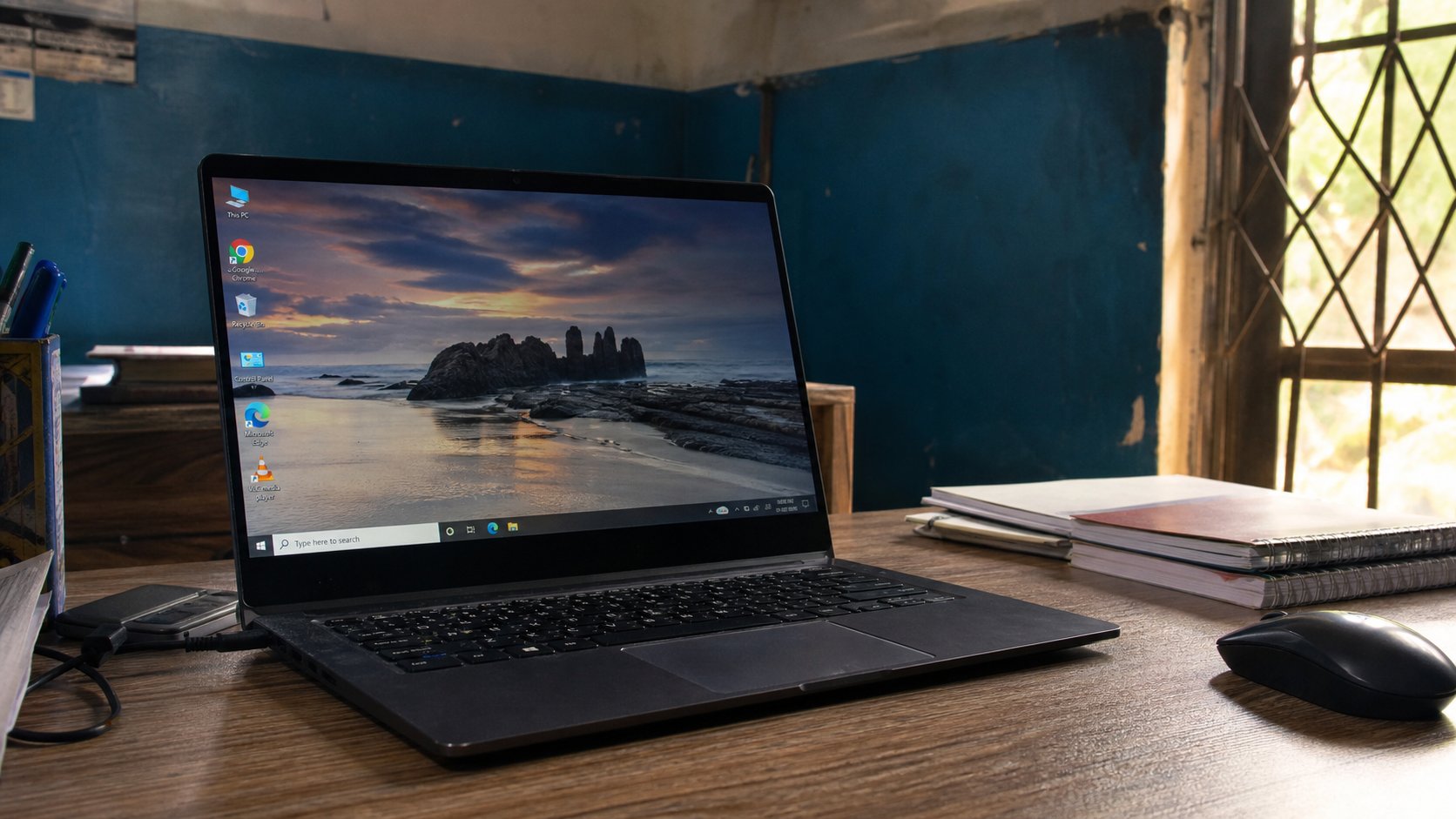 A laptop desktop with the Recycle Bin icon visible.