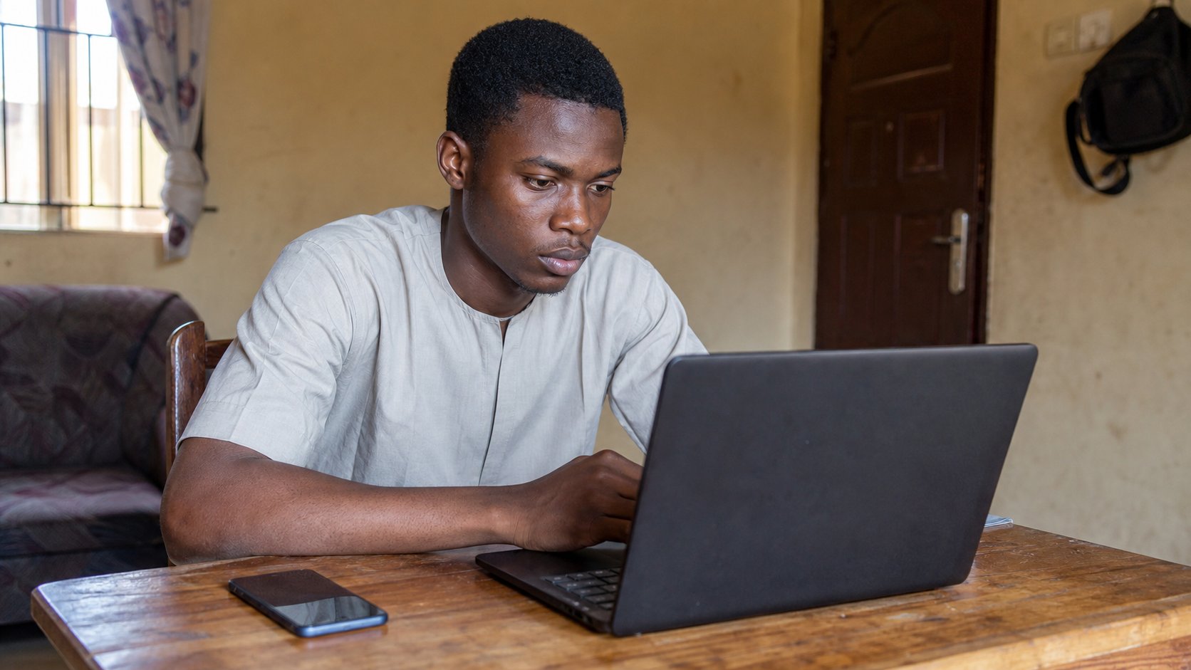A learner pausing at an email on a laptop.