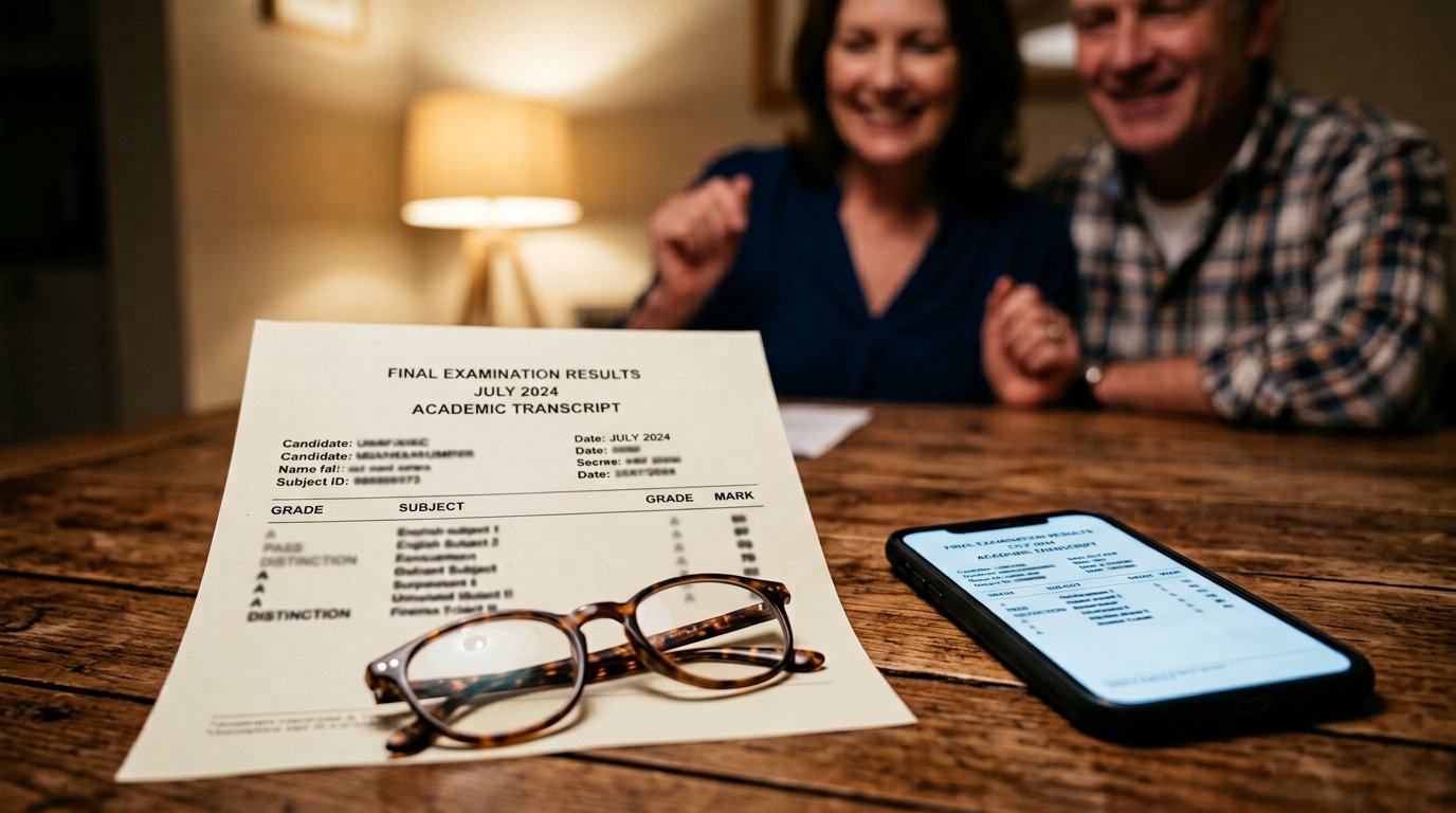 A printed result slip lying on a table beside a phone showing the same result, reading glasses resting nearby.