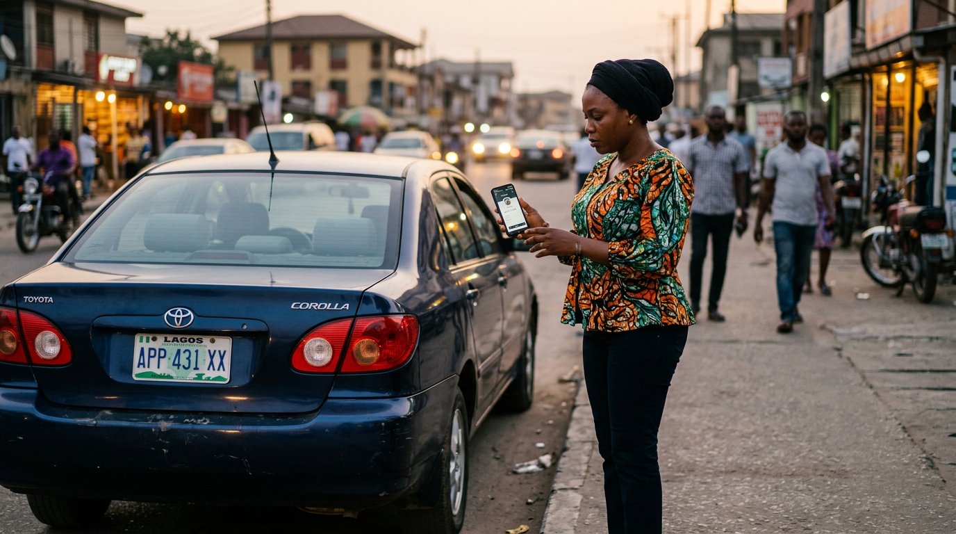 A woman comparing a car's number plate with her phone before opening the door.