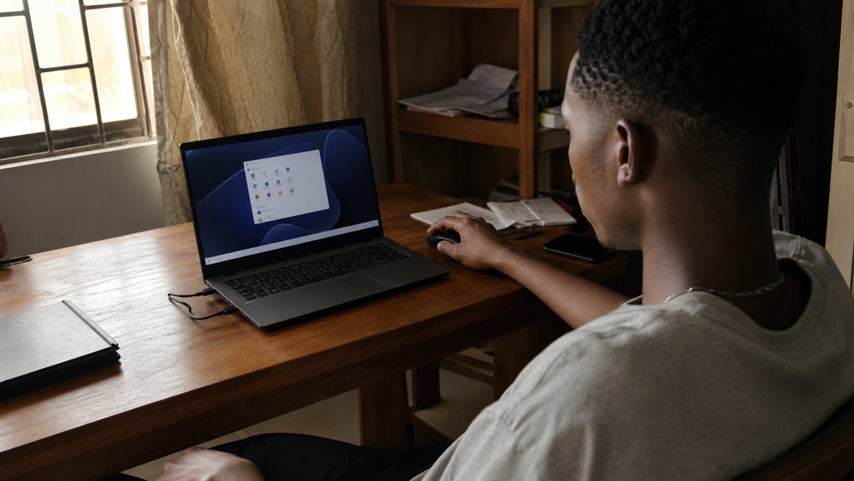 A learner using a mouse, a small menu on the laptop screen.