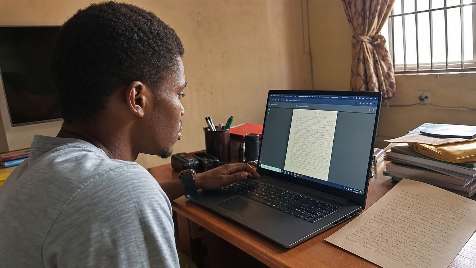 A scanned letter as a PDF on a laptop, paper original beside it.