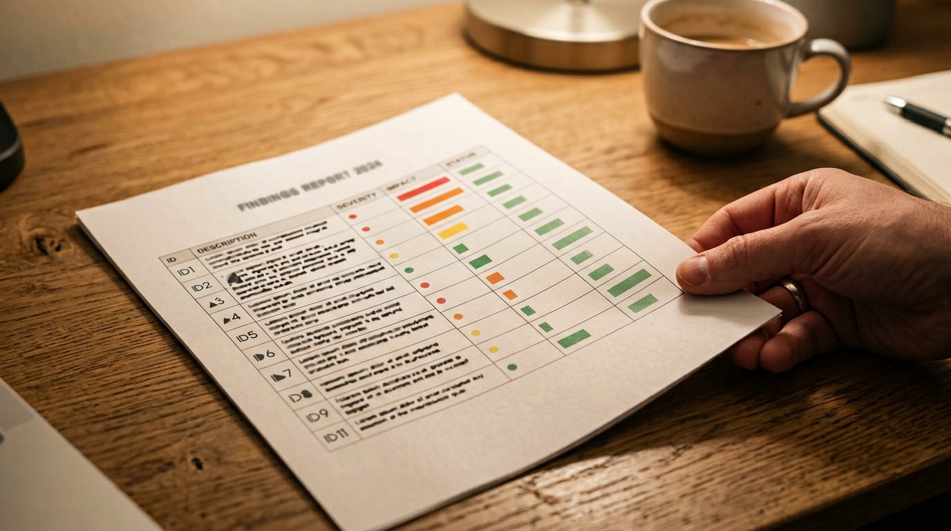 A printed report on a desk, its severity table showing rows of findings ranked with coloured marks.