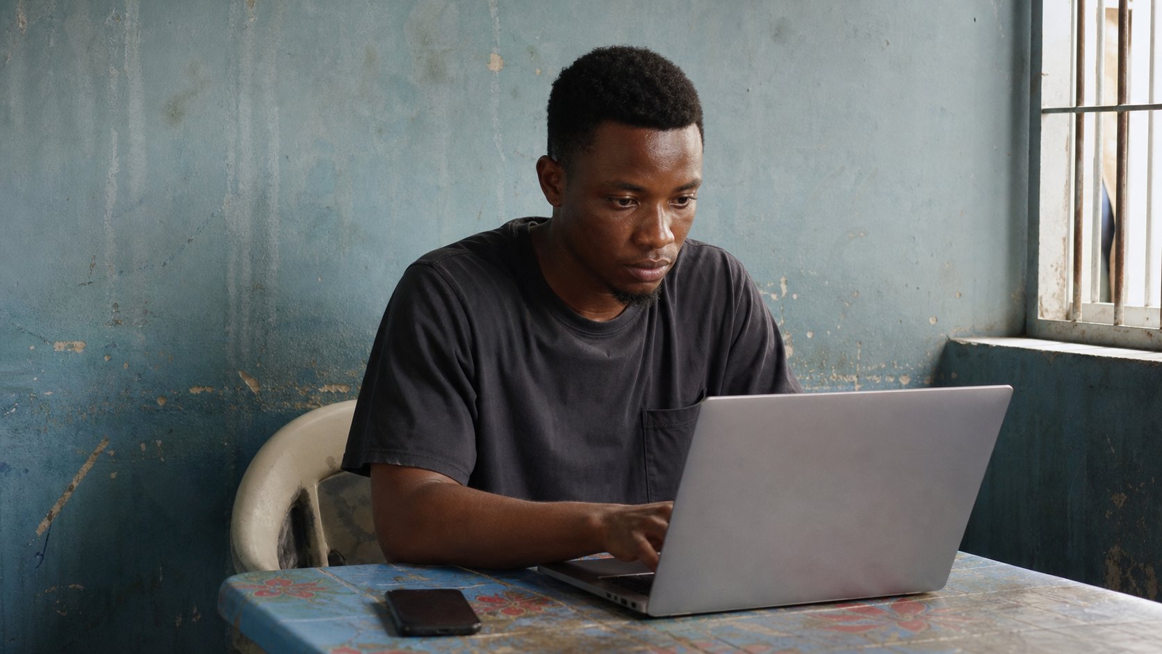 A young man searching on a laptop at a small table, phone beside him.