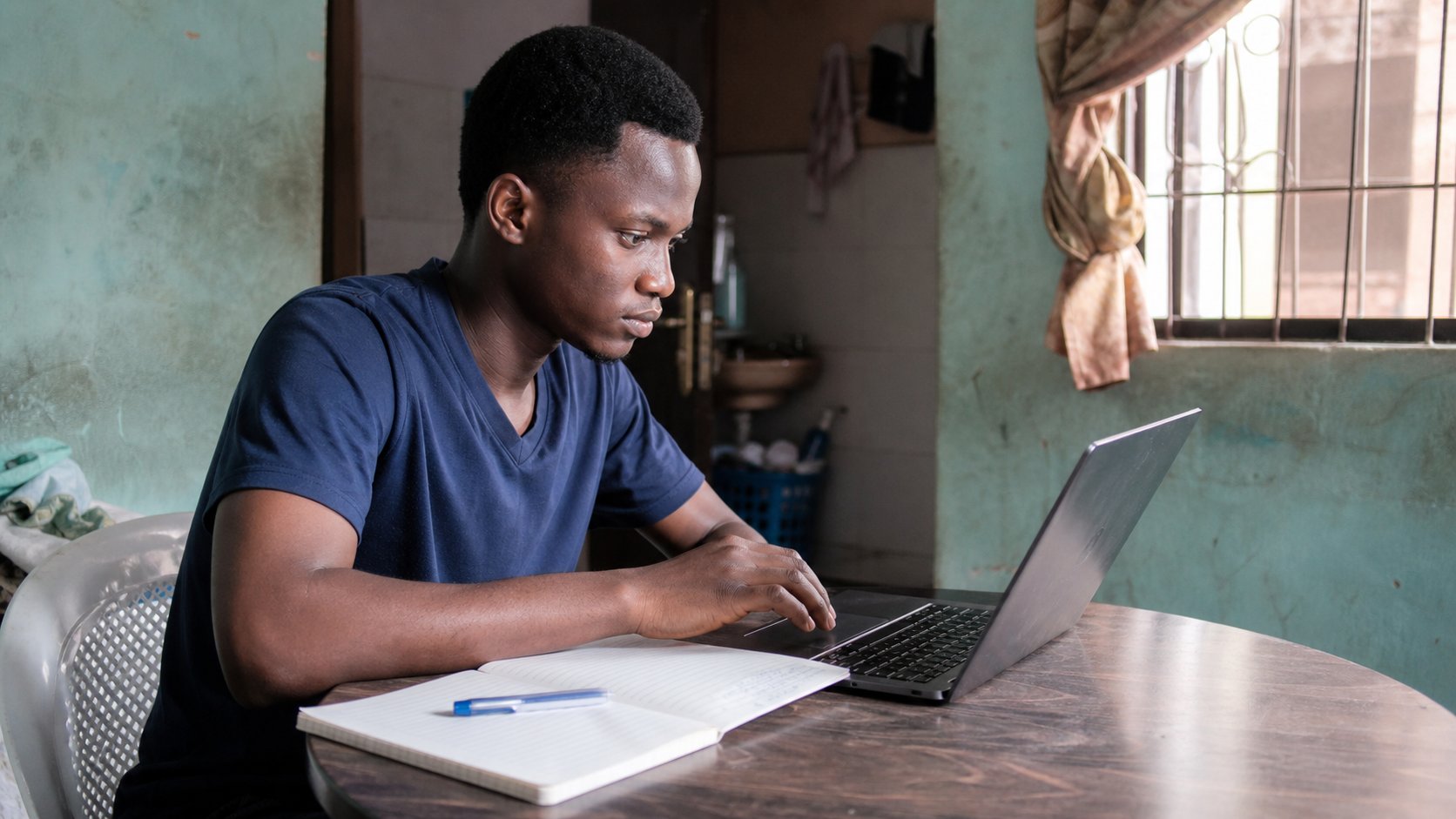 A young man searching on a laptop, notebook beside him.