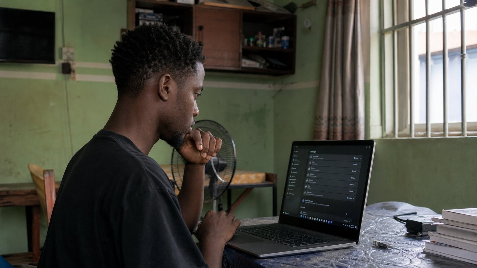 A young man looking at a laptop settings screen in a modest room.