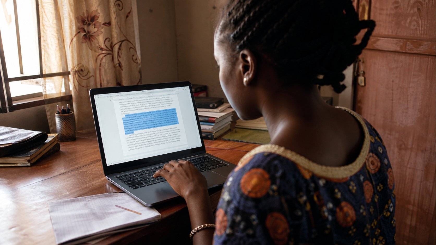 A learner selecting a block of text with the keyboard.
