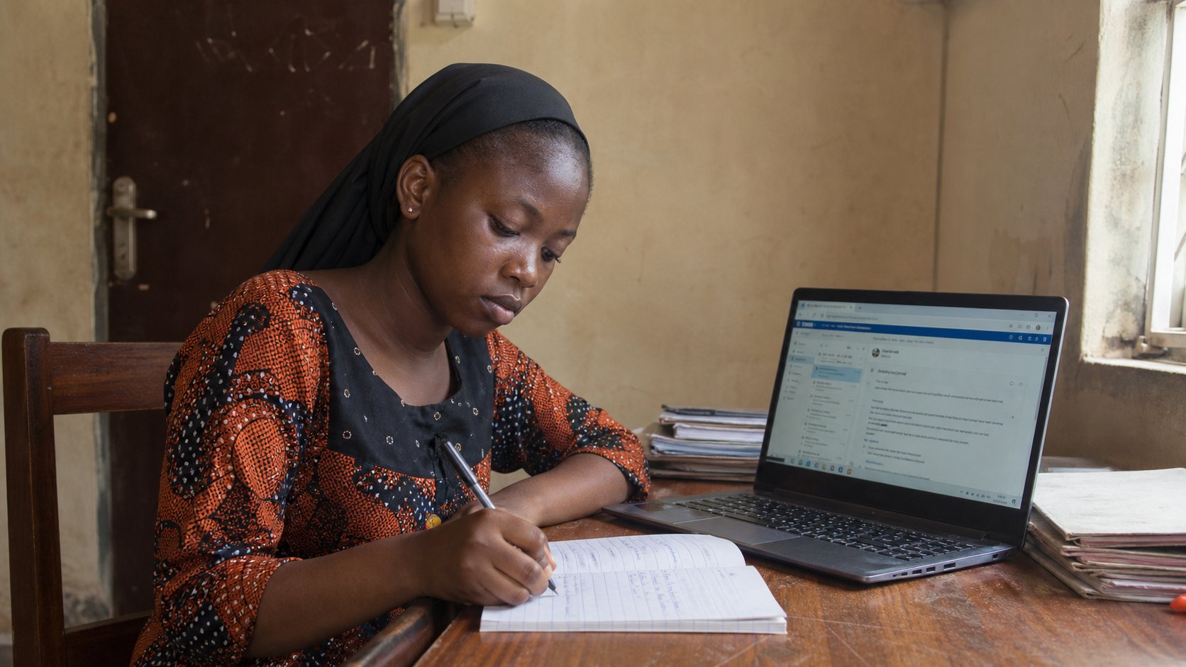 A learner writing a full name in a notebook, an email open on the laptop.