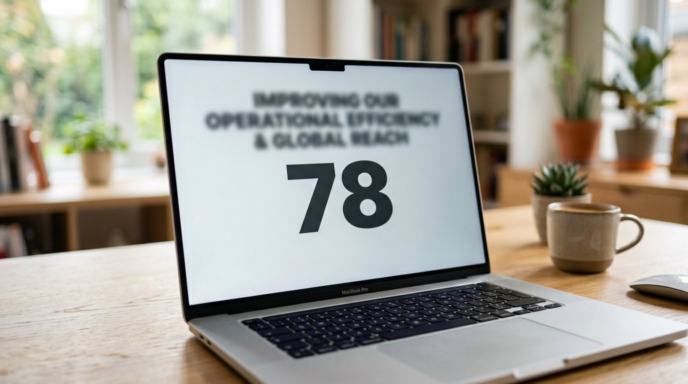 A laptop screen showing a single large slide: one big statement, one large number, nothing else.