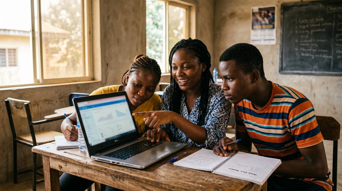 Three learners around one laptop in a modest training room, one pointing at the screen while the others lean in.