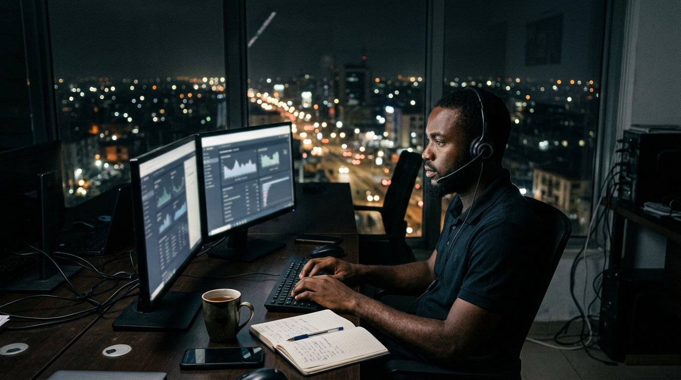 An analyst on night shift, headset on, the dark room lit only by the desk screens, a mug nearby.