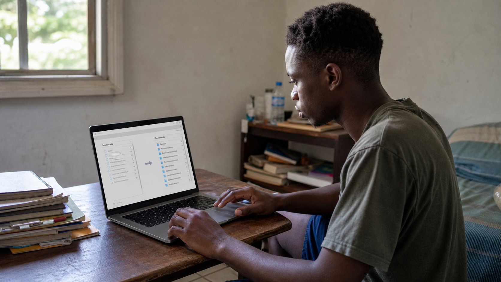 A young man moving files from Downloads into Documents.