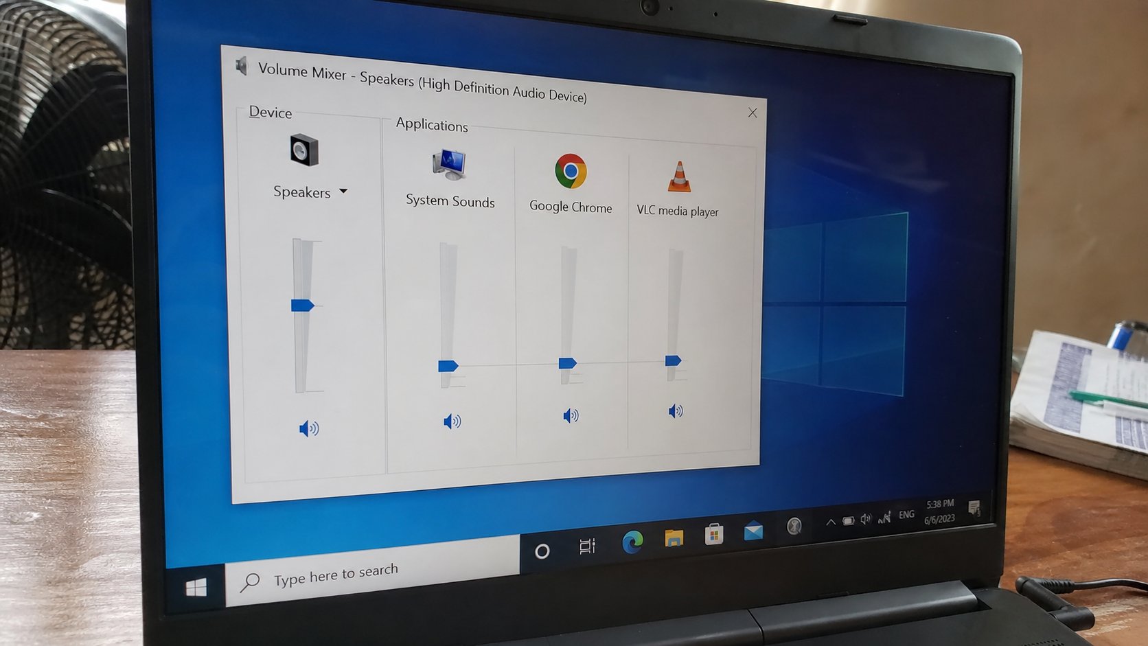 Windows sound settings or volume mixer on a laptop screen.