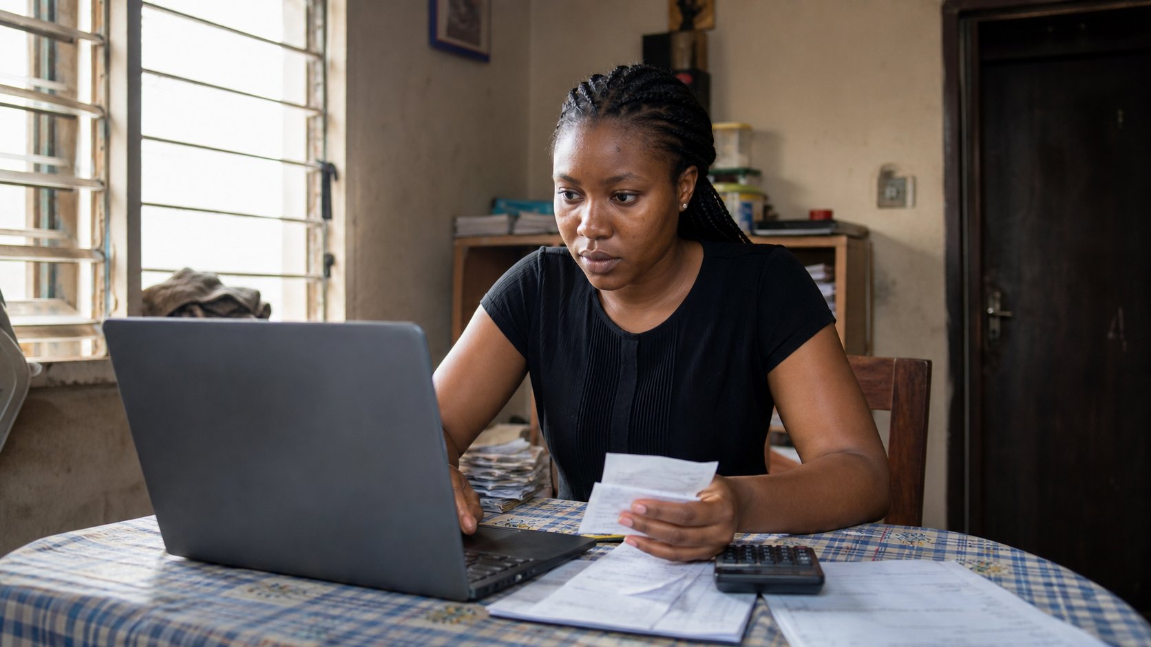 A young woman at a small table with a laptop spreadsheet, a paper receipt and a calculator.