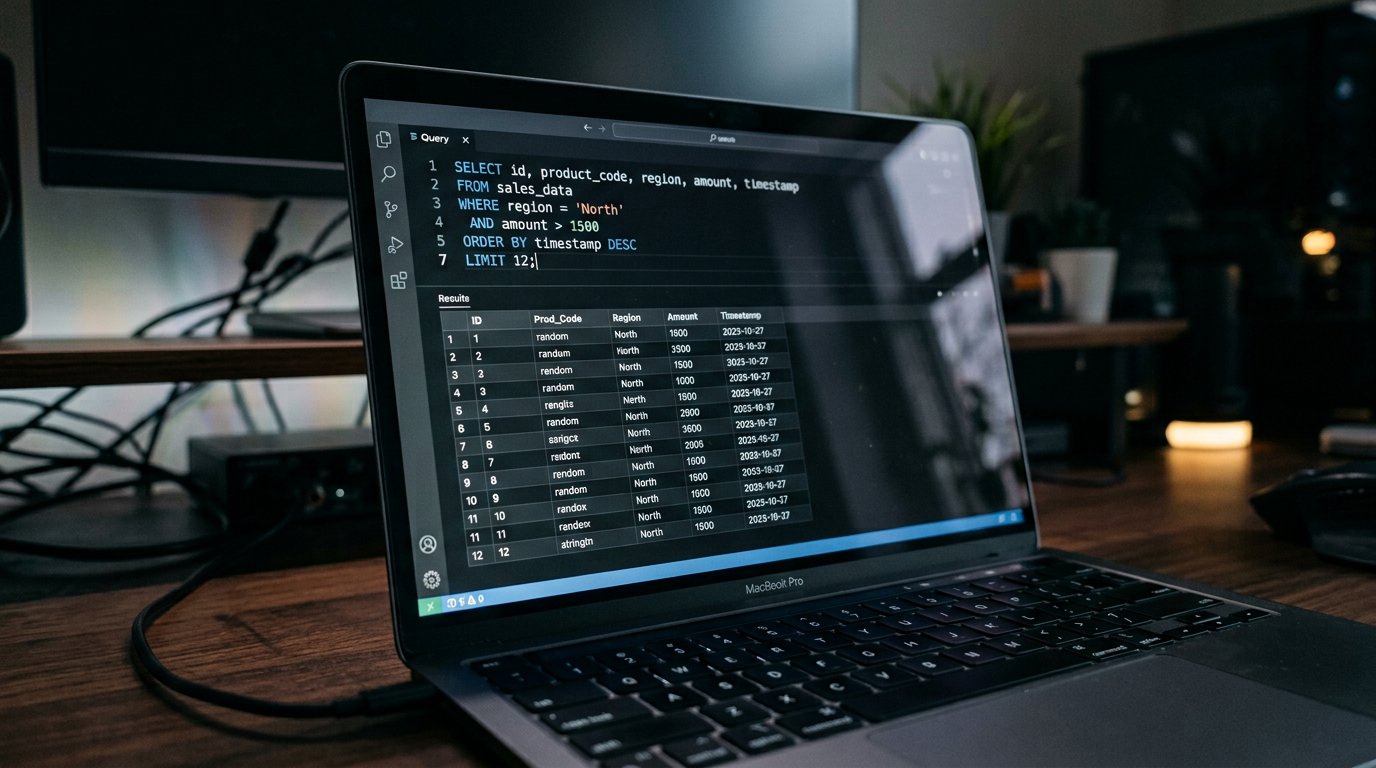 A laptop screen showing a short database query and beneath it a table of results.