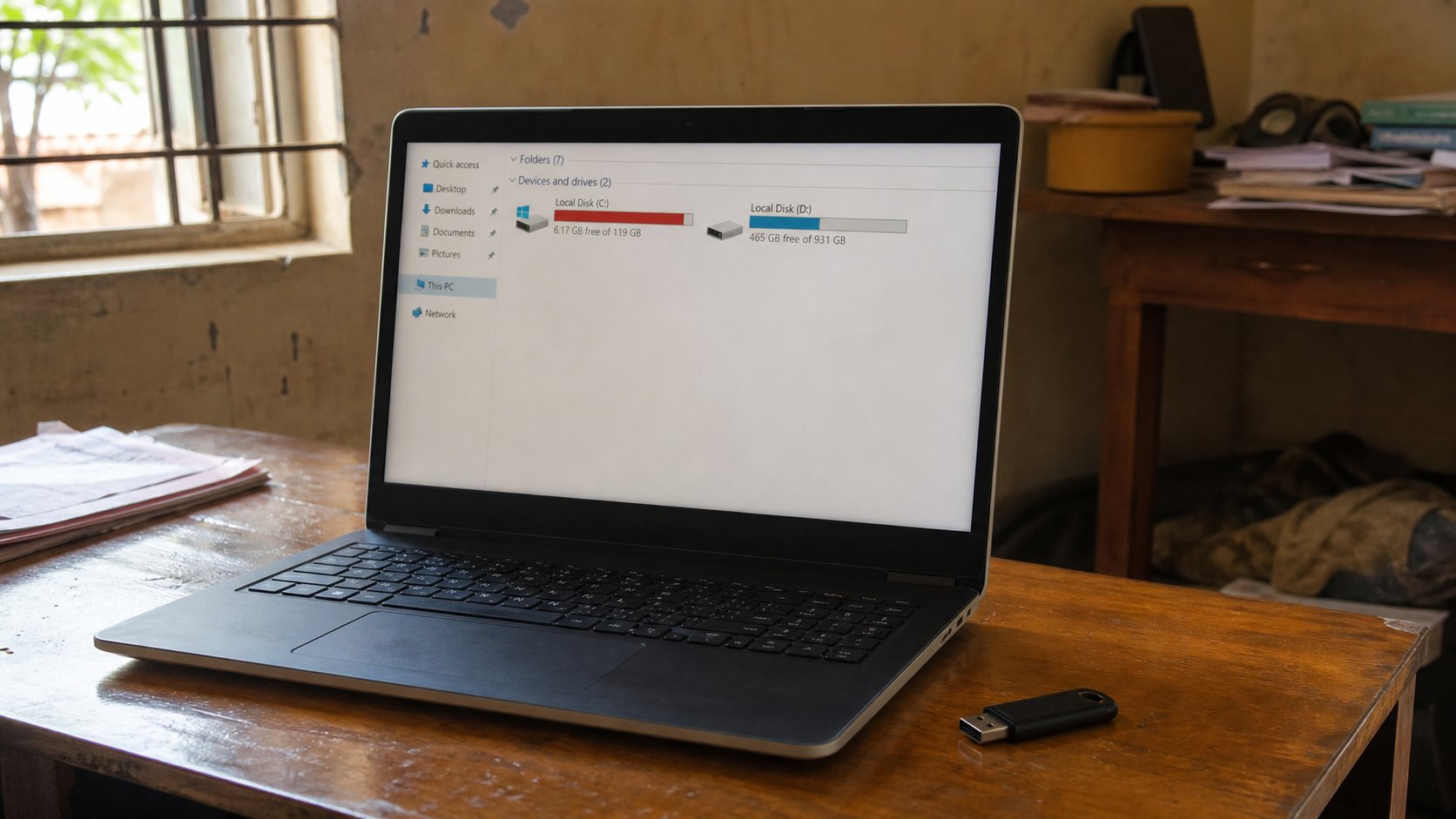 A laptop disk bar with a USB drive on the desk.