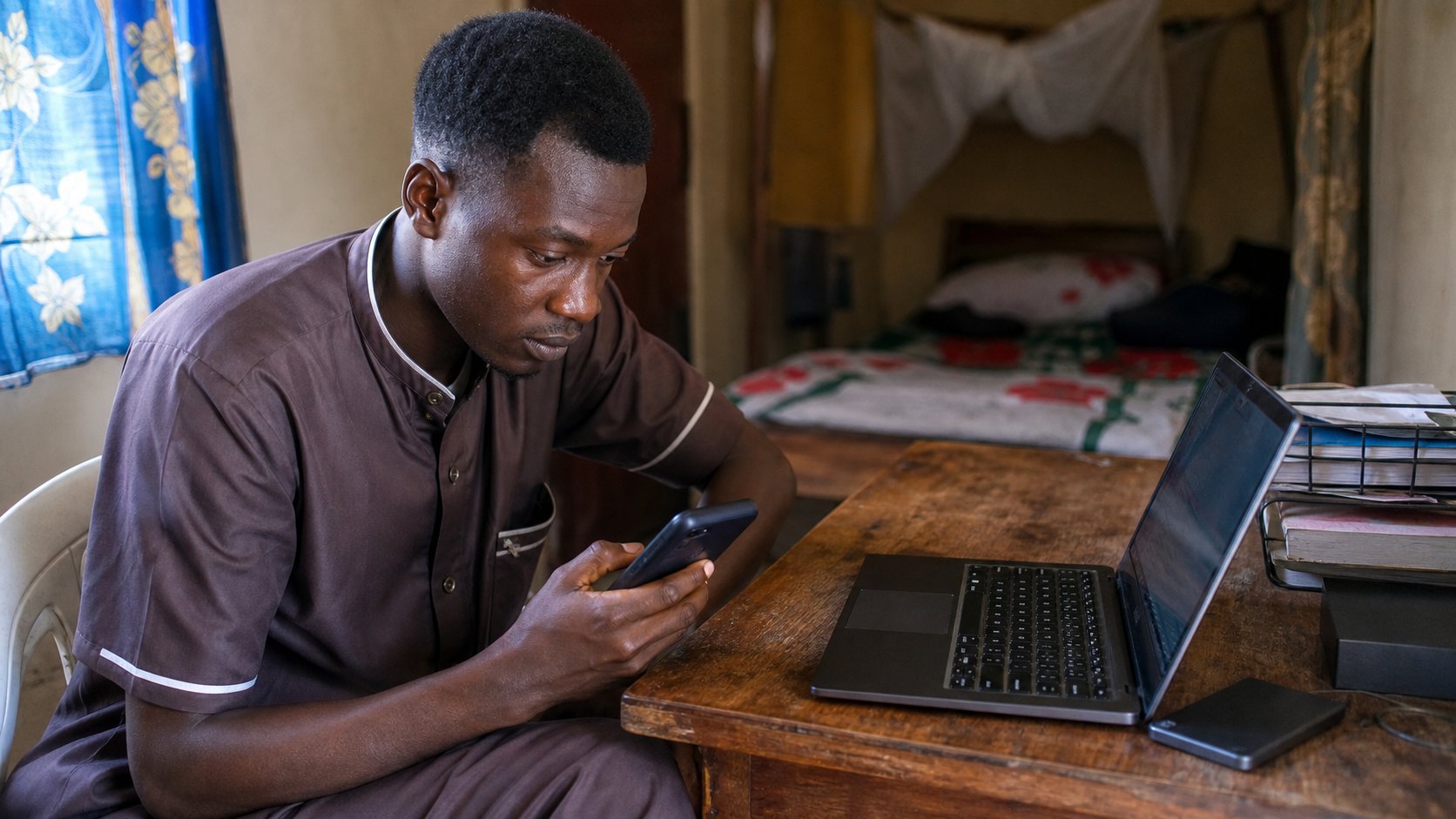 A learner comparing phone storage with files on a laptop.