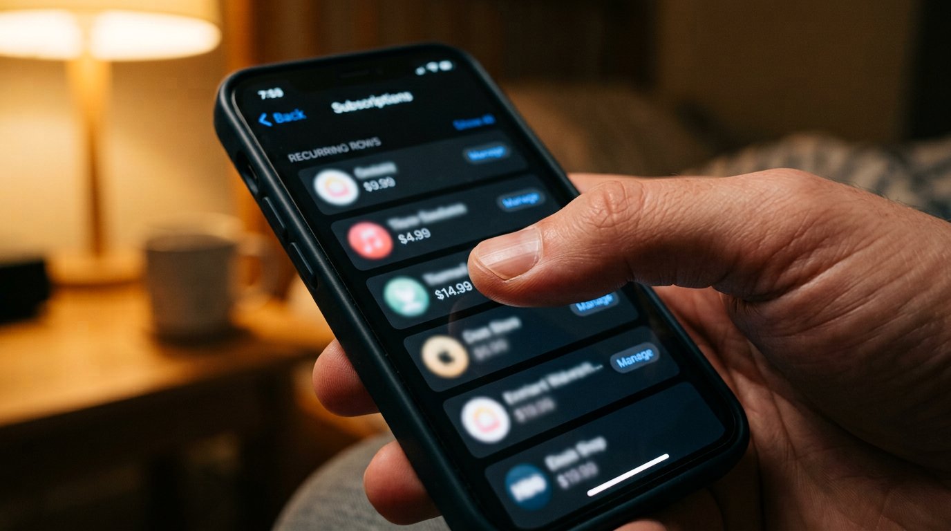 A phone showing a list of app subscriptions with monthly prices, a thumb pausing over one.