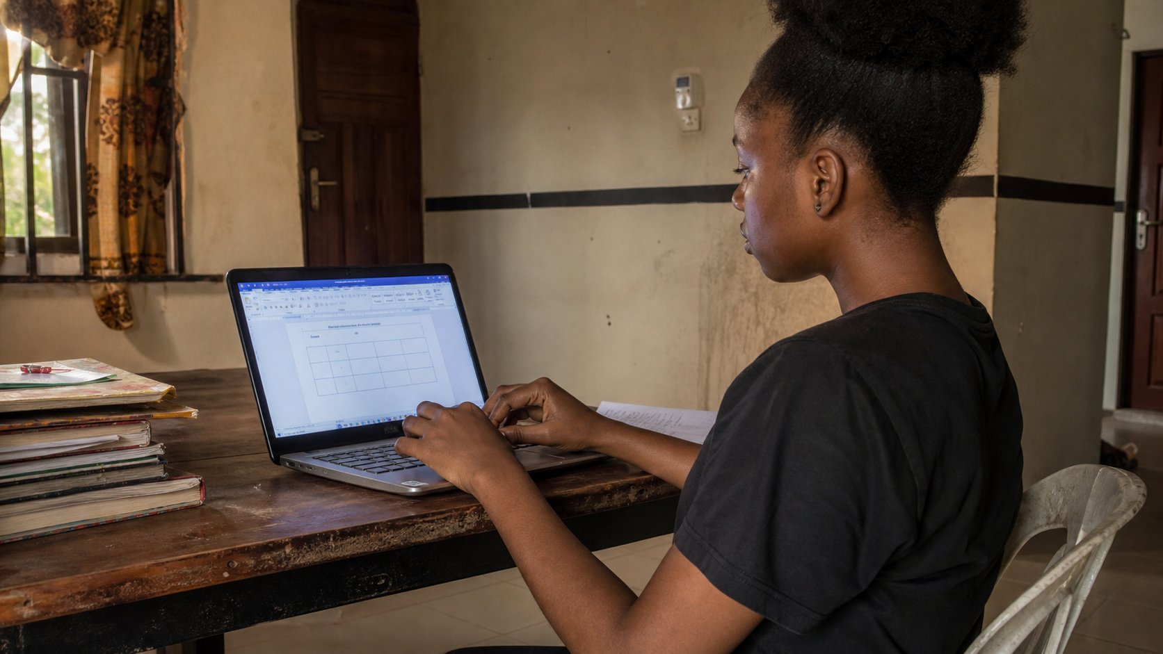 A young woman inserting a table in a Word document.