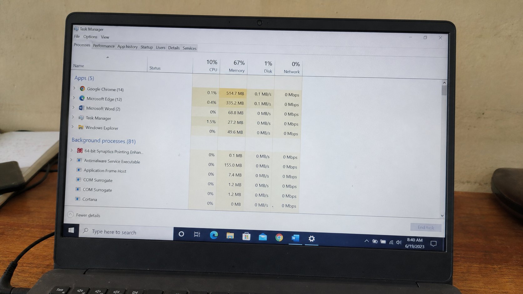 A simple list of running programs on a laptop screen.
