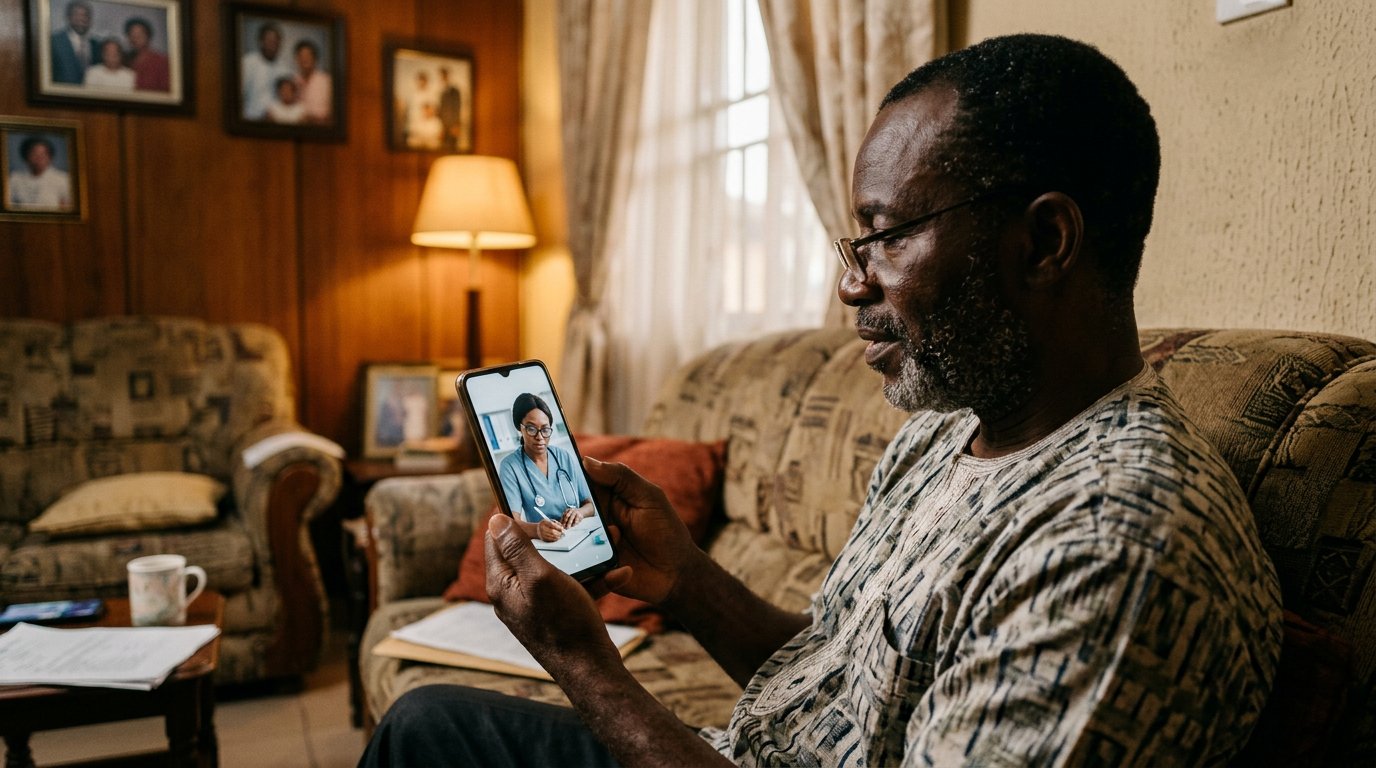 A man on a video call with a doctor, the doctor visible on the phone screen taking notes.