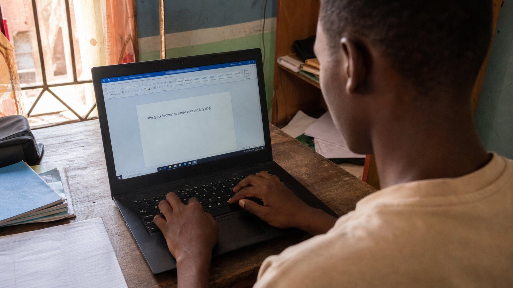 Over-the-shoulder view of a learner typing a sentence into a blank document.