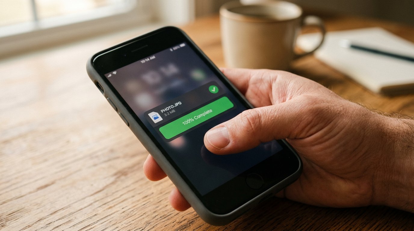 A phone screen showing a file upload finishing with a green tick.
