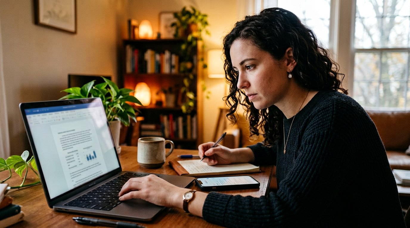 A phone and a laptop side by side: the laptop showing a drafted document, the phone open on a search page checking one claim.