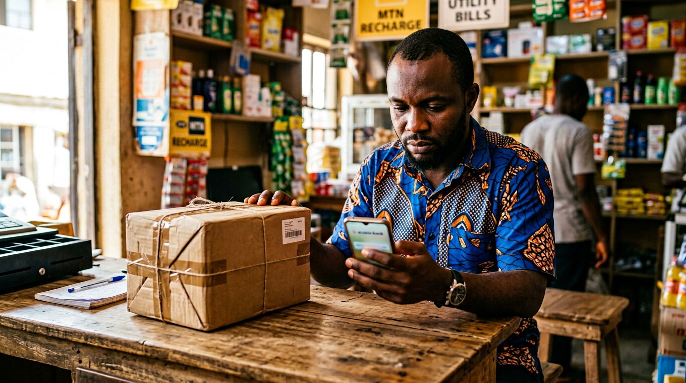 A man checking his bank app beside a wrapped parcel on a table, before handing it over.