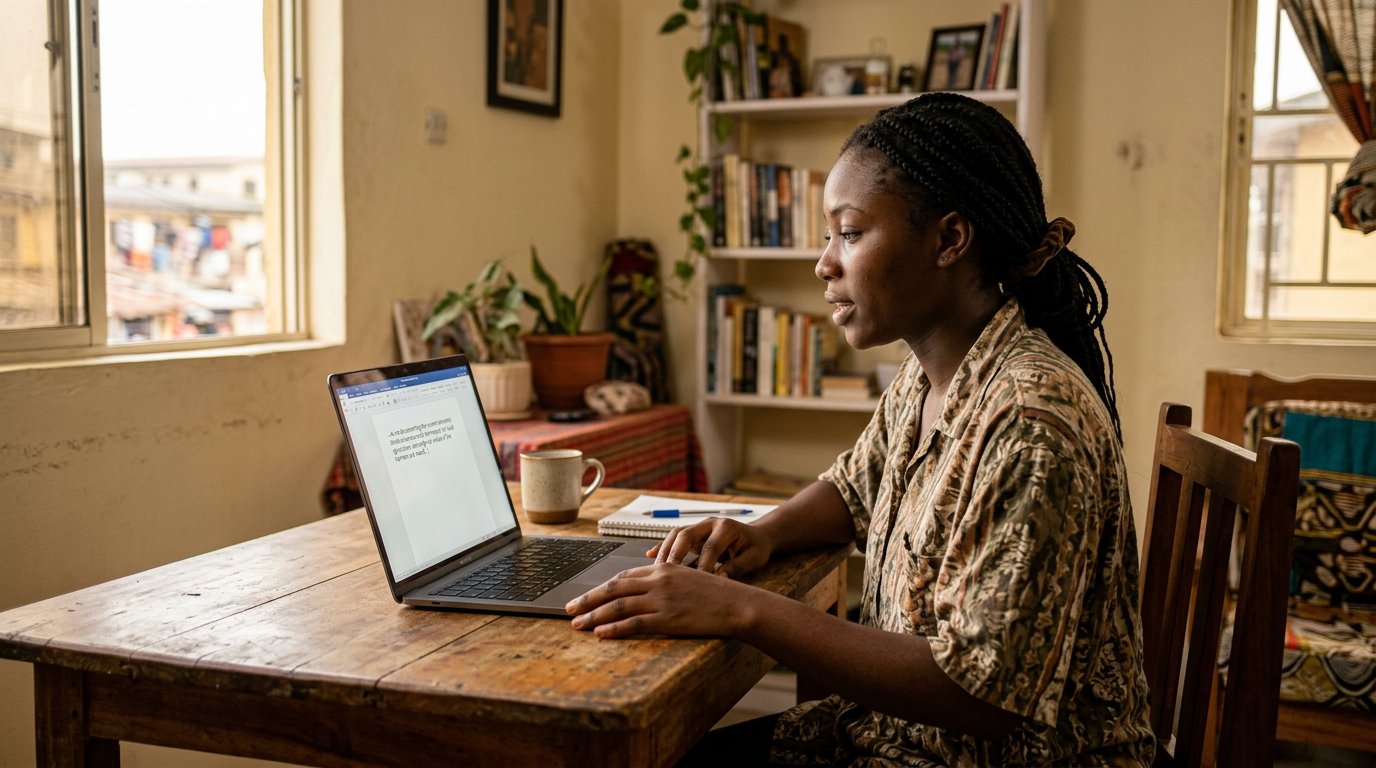 A woman at a desk speaking while a document fills with lines of text.