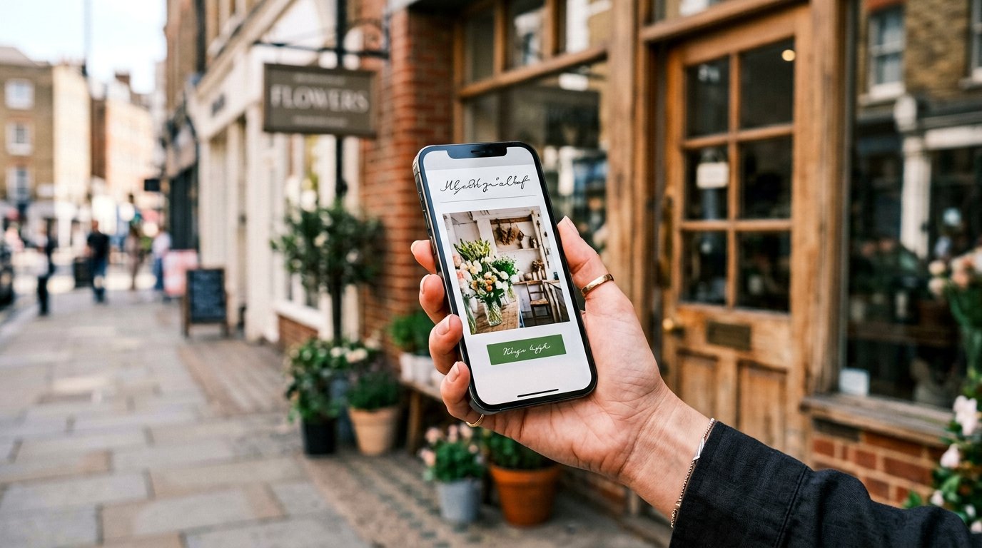A hand holding a phone showing a clean one-page business site, the shop's entrance visible behind it.